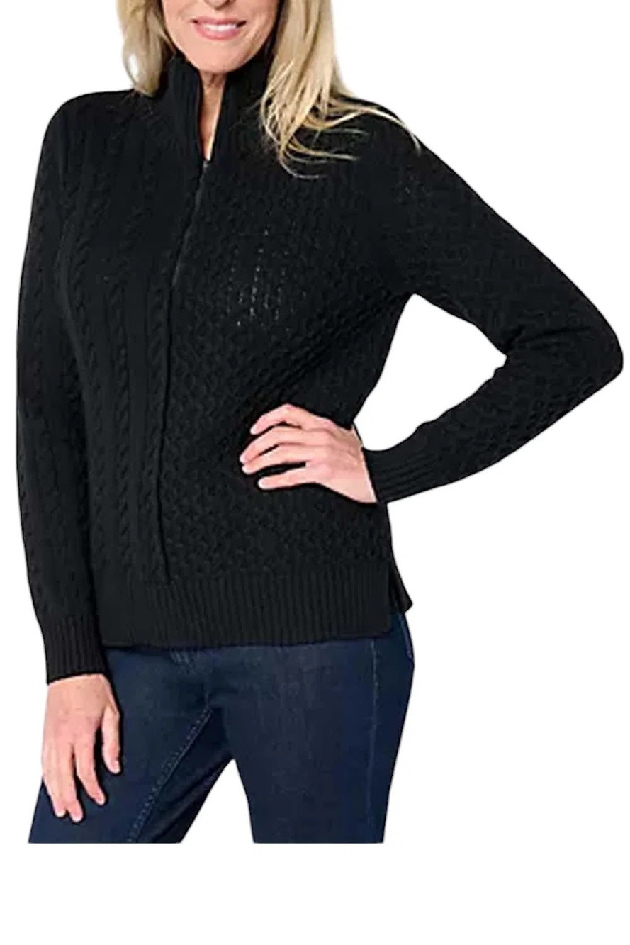 AnyBody Women's Mixed Stitch Half Zip Sweater w/ Side Slits Black - Plus